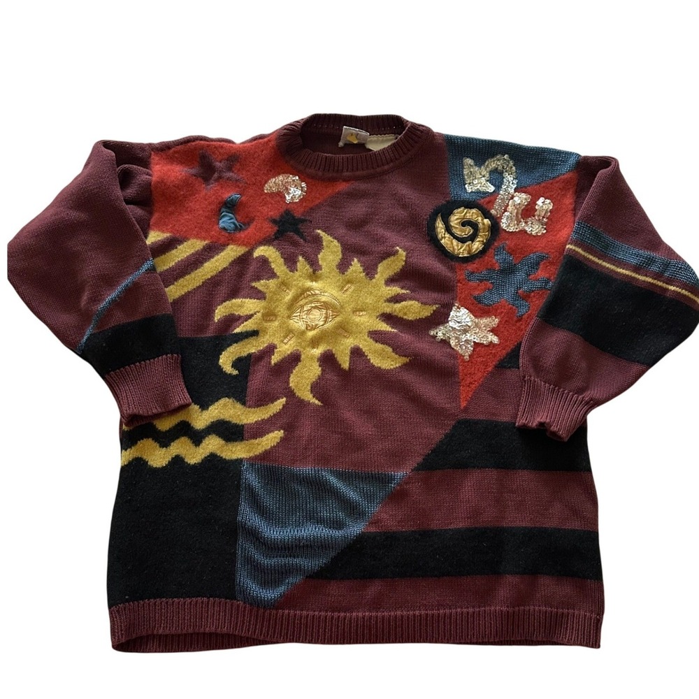 Vintage OUI Collection‎ Celestial Colorblock Sun Moon Star Sweater Size L